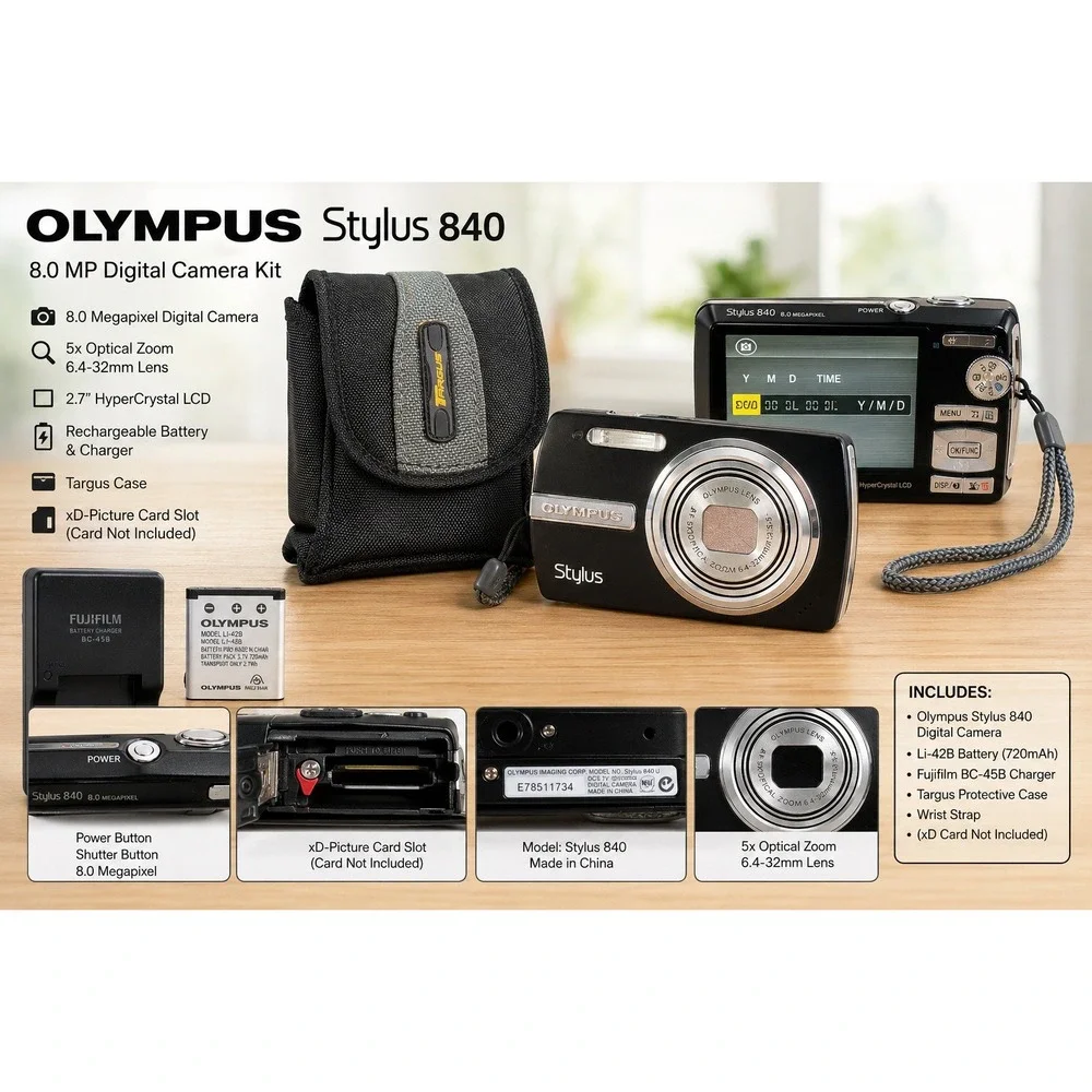 Olympus Stylus 840 8.0MP Digital Camera Black 5x Optical Zoom Kit with Case - Picture 1 of 14
